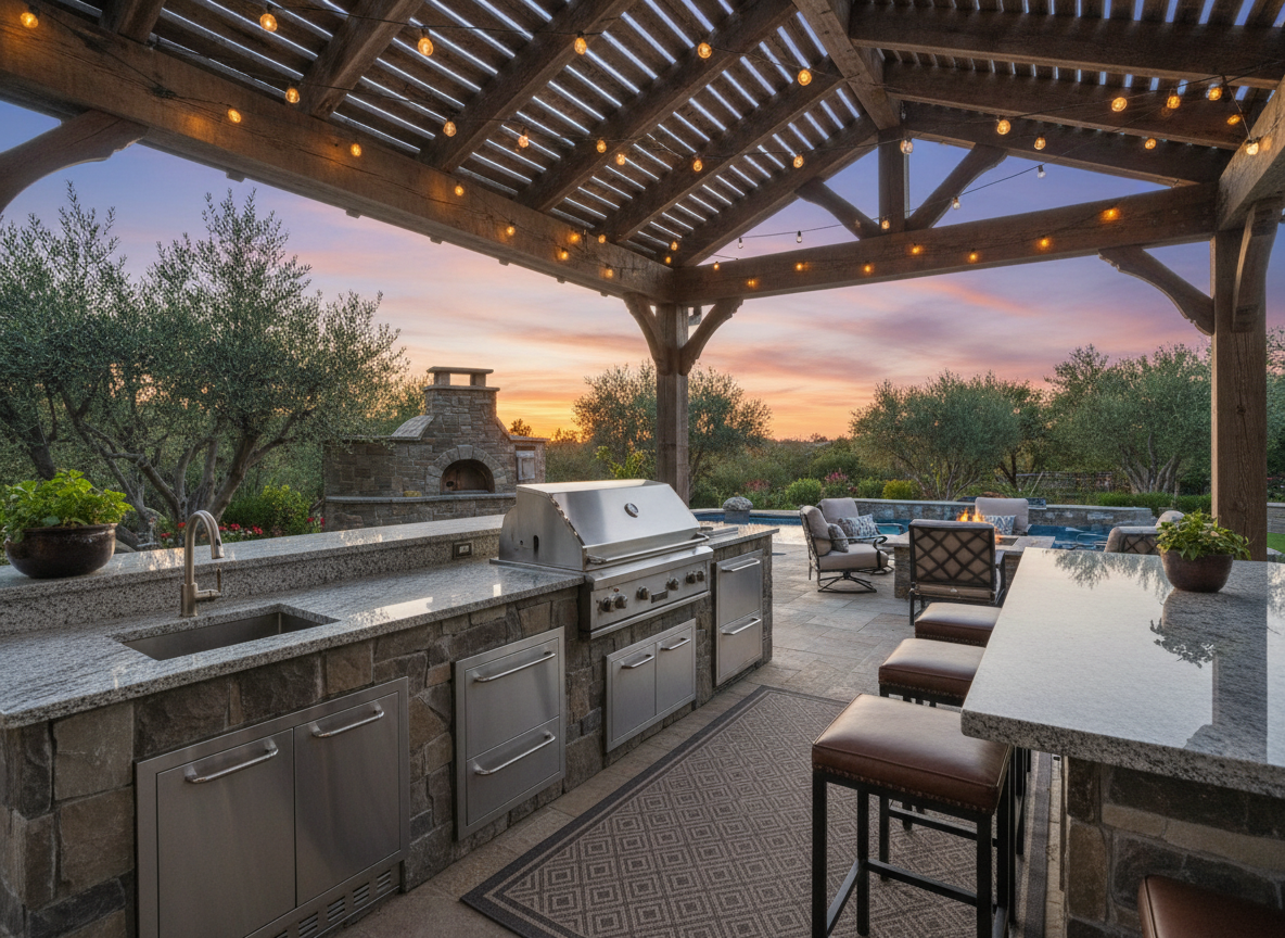 Luxury outdoor kitchen with stainless steel grill, stone countertops and bar seating under a covered patio