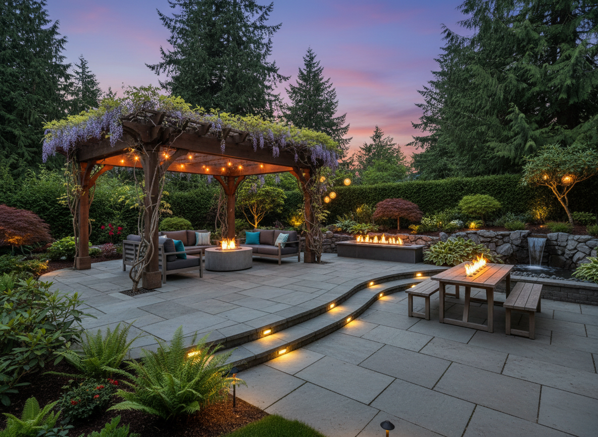 Complete backyard transformation with a multi-level patio, pergola, fire feature and landscaping at dusk