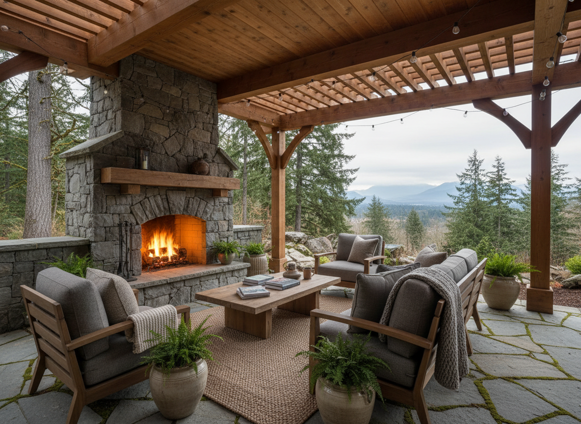 Beautiful covered outdoor living space with a pergola roof, lounge furniture, and a stone fireplace