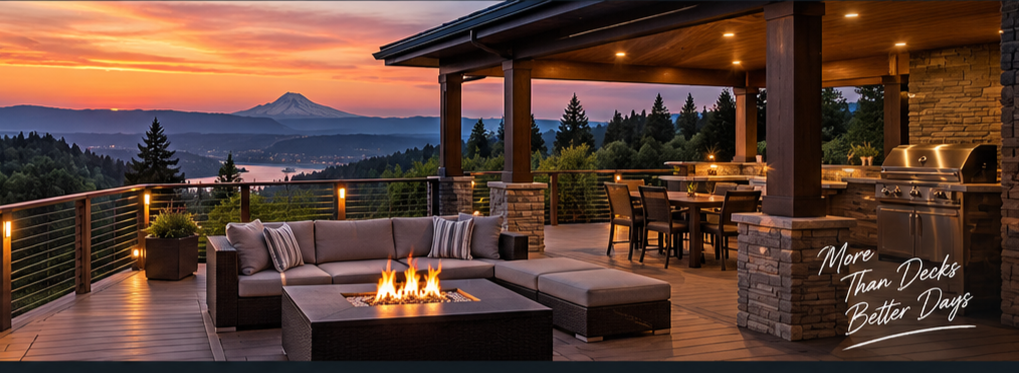 Mountain view with outdoor living space at sunset